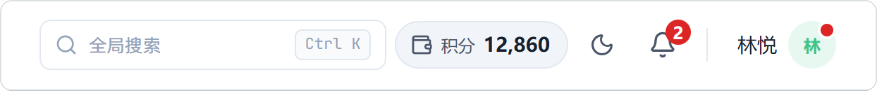 顶栏右侧显示「积分 12,860」 / The top bar showing Credits 12,860
