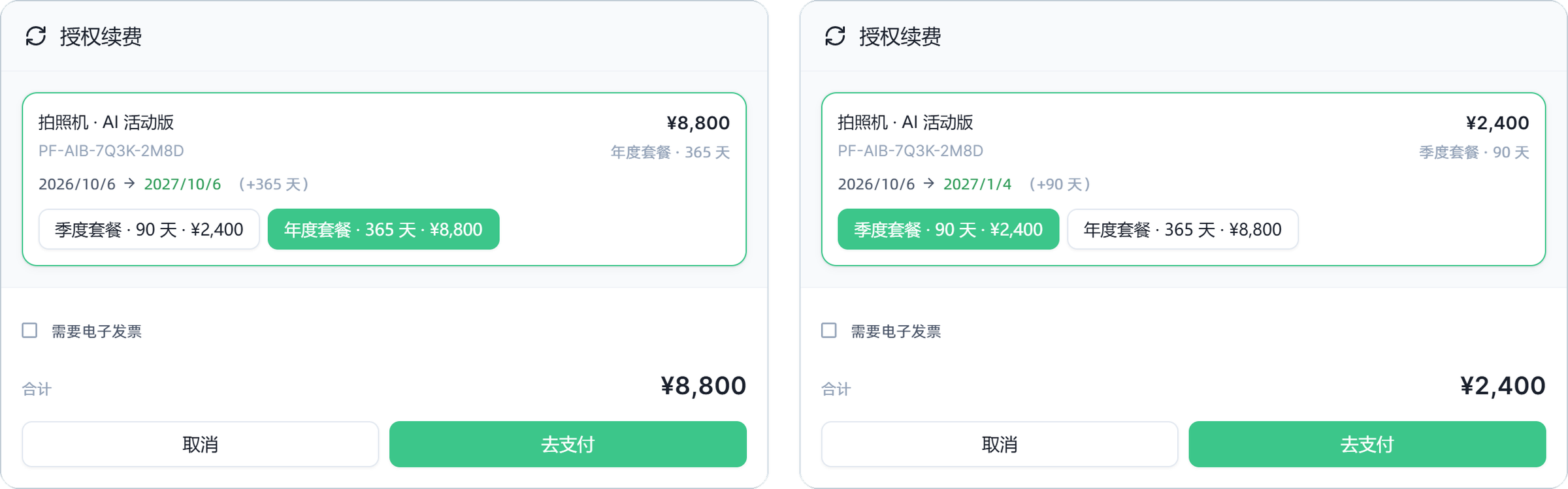 续费对话框：左为年度套餐，到期日延长 365 天；右为季度套餐，延长 90 天，金额同步变化 / The renewal dialog: the annual plan on the left extends the expiry by 365 days; the quarterly plan on the right extends it by 90 days, with the total updating to match