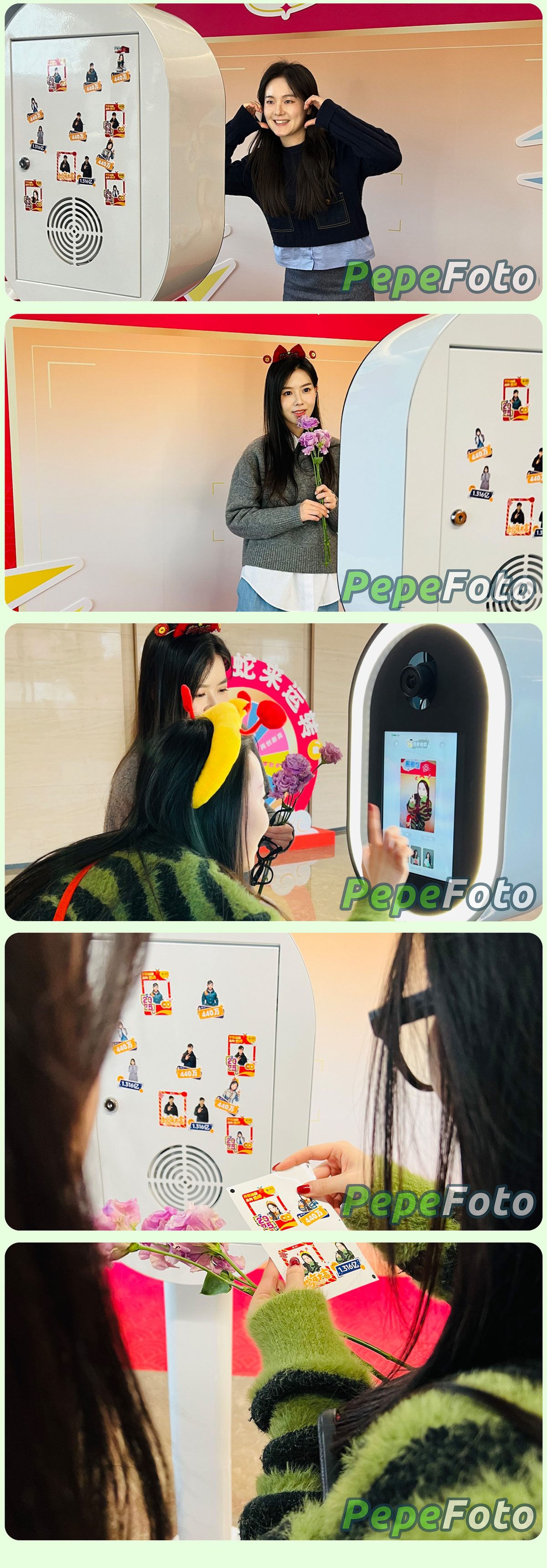 用 AI Photo Booth 点燃年会派对 / Colleagues collecting AI stickers from the photo booth at a company annual party