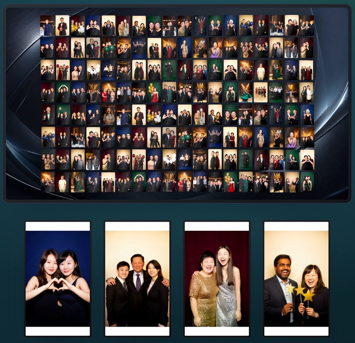 主舞台大屏与一排竖装电视同时在放现场照片 / A big screen and a row of portrait TVs showing event photos