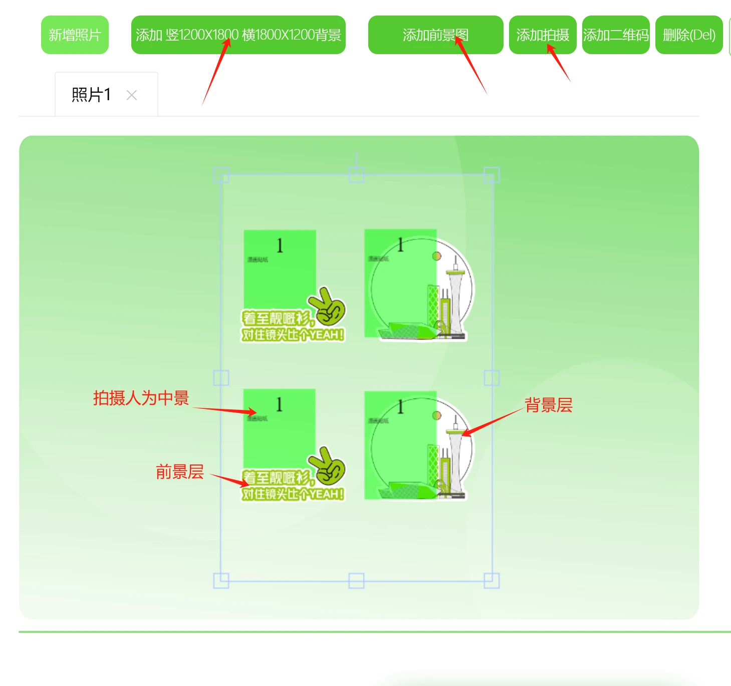 后台 · 贴纸排版：背景、人像、前景三层叠放（界面数据为演示） / Console · sticker layout: background, guest and foreground stacked in three layers (demo data)