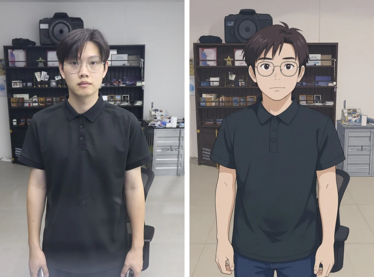 同一张照片：原图（左）和漫画风格 AI 成片（右）（员工测试样片） / The same photo before (left) and after a comic-style AI pass (right) (staff test sample)